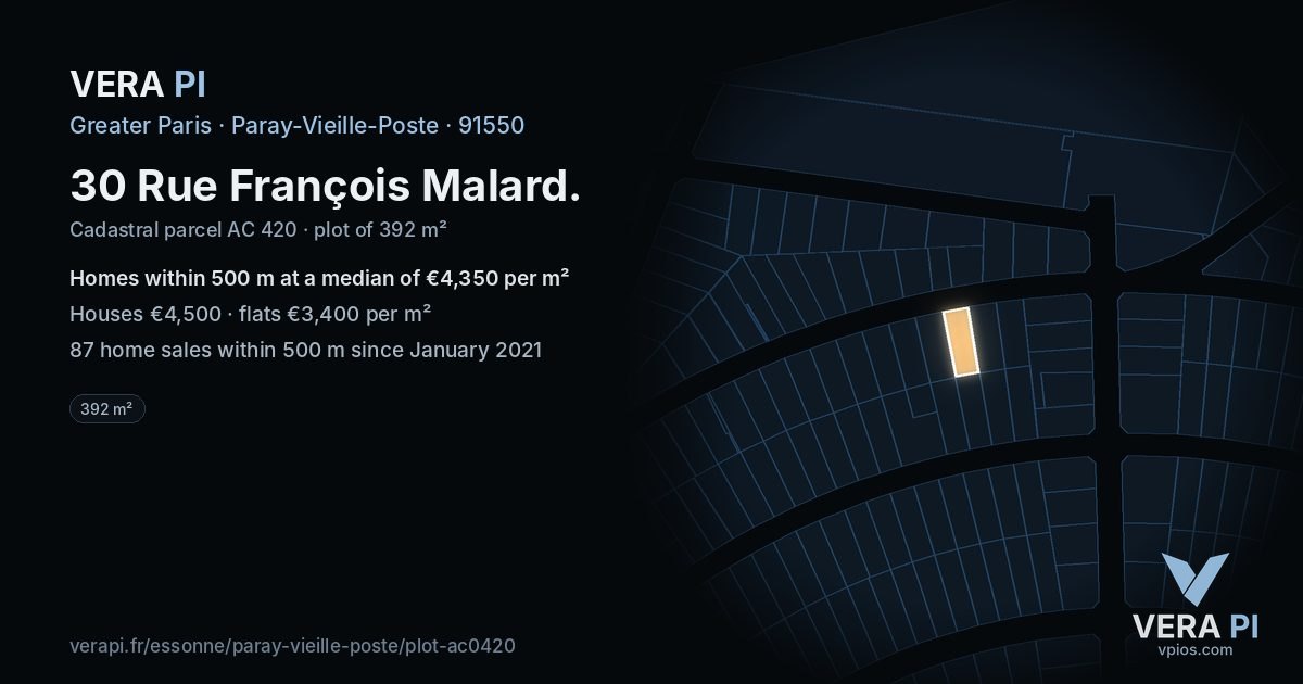 30 Rue François Malard, Paray-Vieille-Poste at night – the plot lit, the parcels around coloured by the prices near them