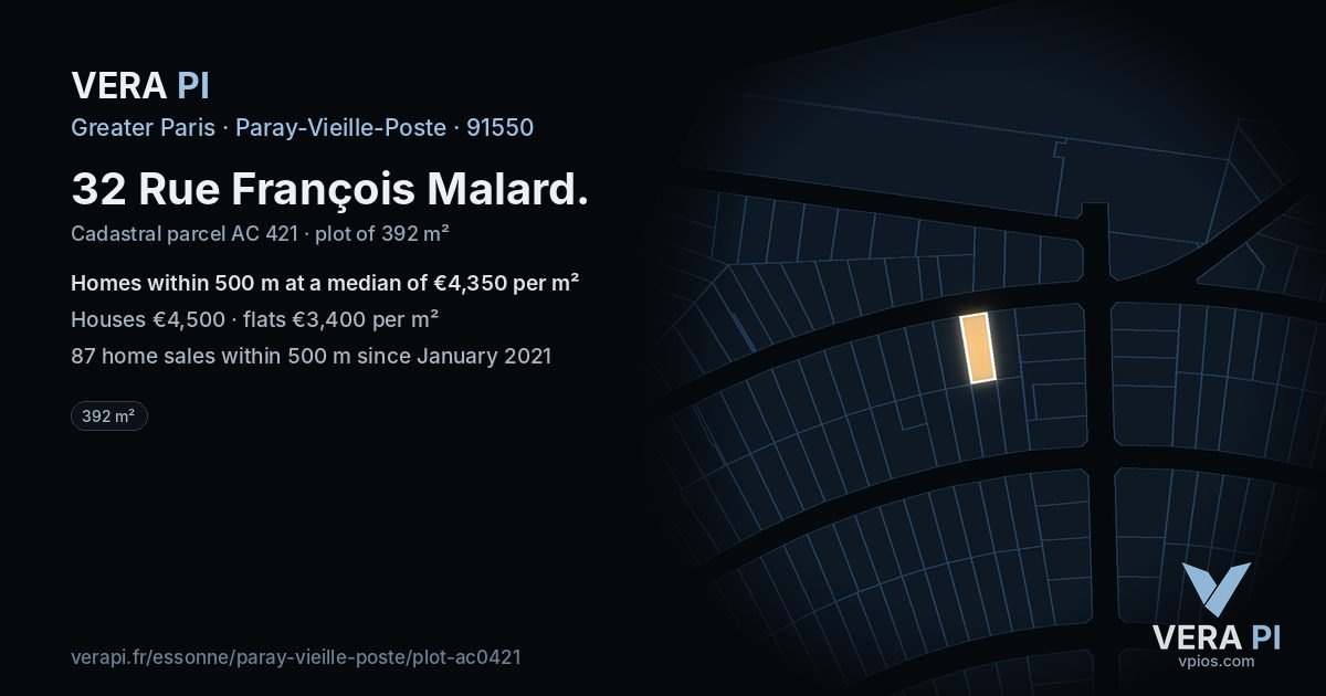 32 Rue François Malard, Paray-Vieille-Poste at night – the plot lit, the parcels around coloured by the prices near them