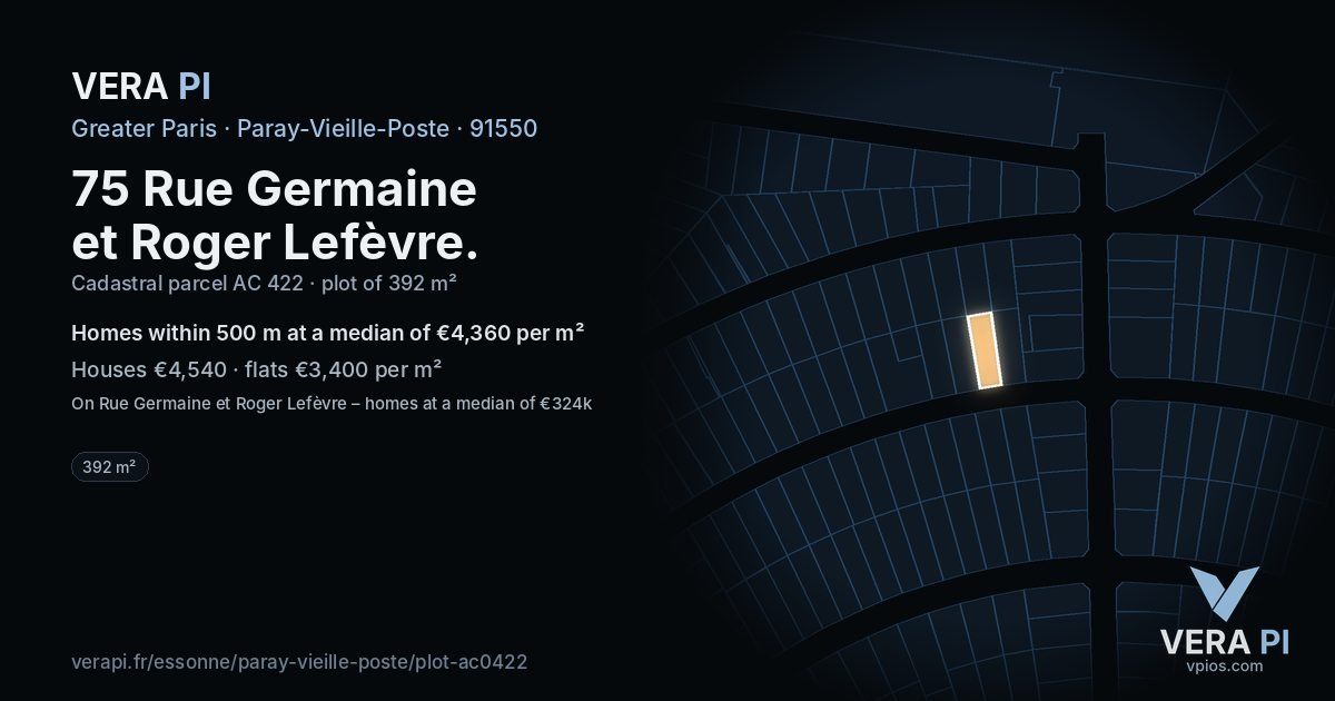 75 Rue Germaine et Roger Lefèvre, Paray-Vieille-Poste at night – the plot lit, the parcels around coloured by the prices near them