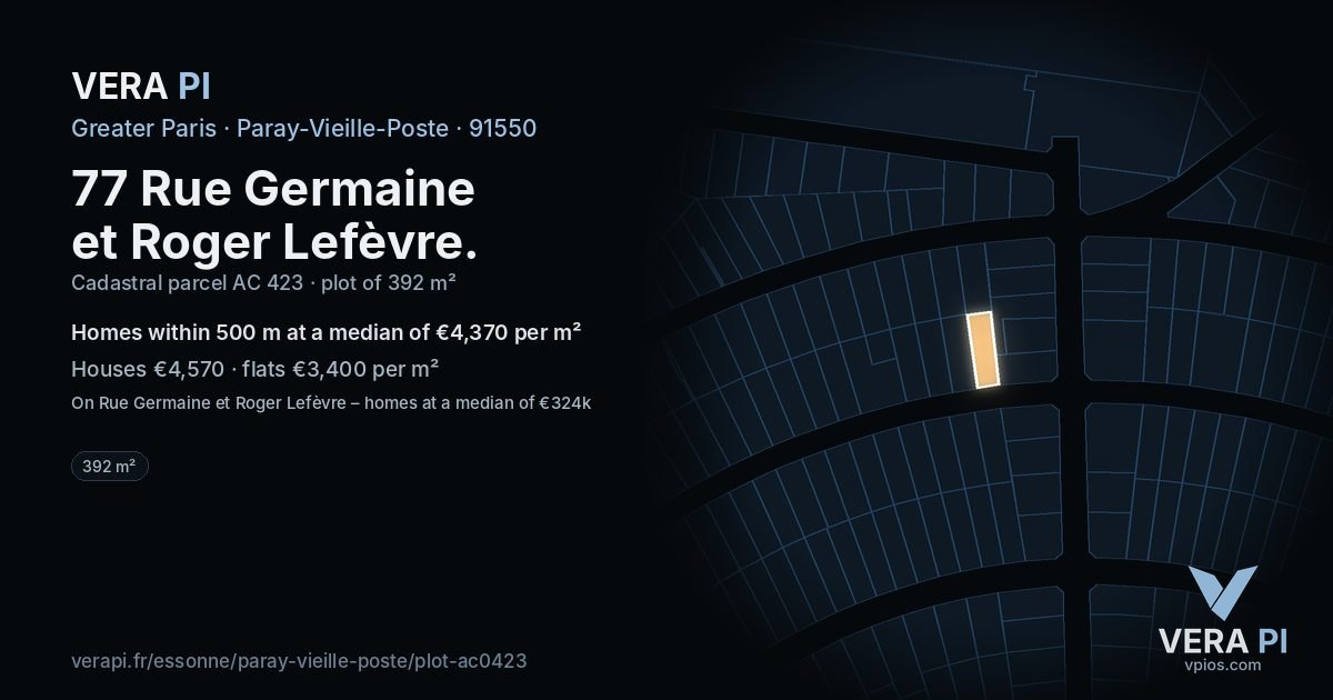 77 Rue Germaine et Roger Lefèvre, Paray-Vieille-Poste at night – the plot lit, the parcels around coloured by the prices near them