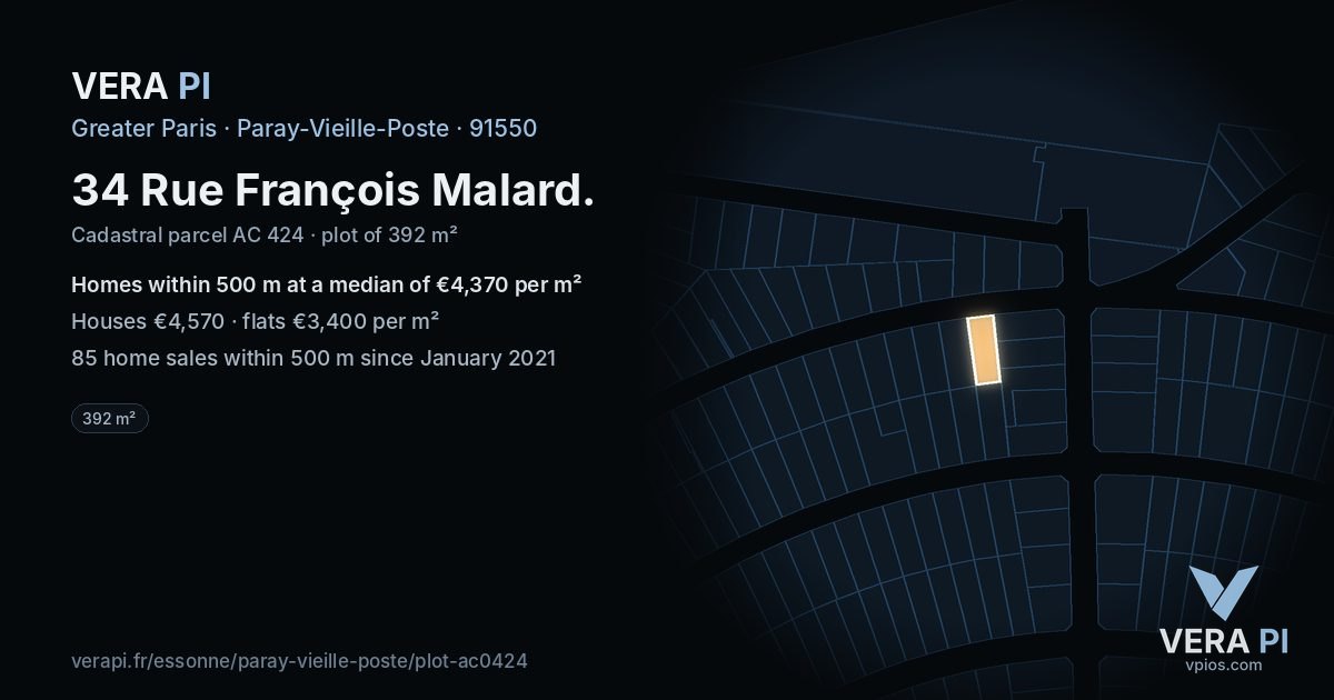 34 Rue François Malard, Paray-Vieille-Poste at night – the plot lit, the parcels around coloured by the prices near them