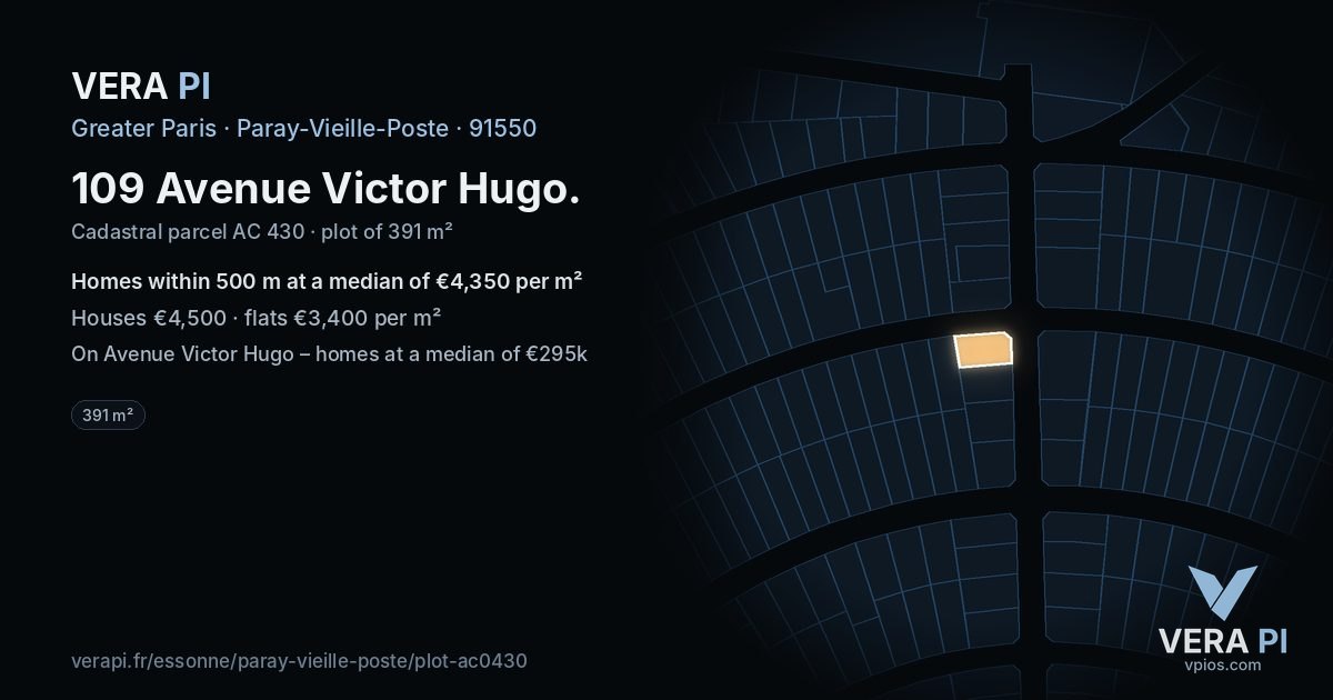 109 Avenue Victor Hugo, Paray-Vieille-Poste at night – the plot lit, the parcels around coloured by the prices near them