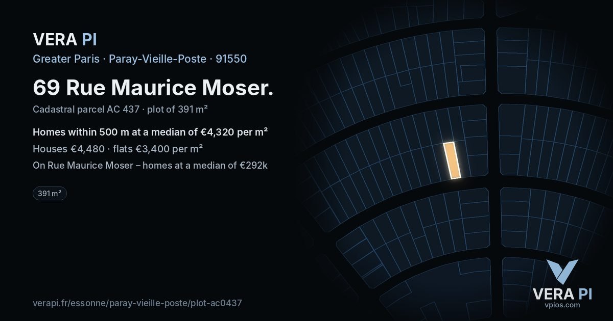 69 Rue Maurice Moser, Paray-Vieille-Poste at night – the plot lit, the parcels around coloured by the prices near them