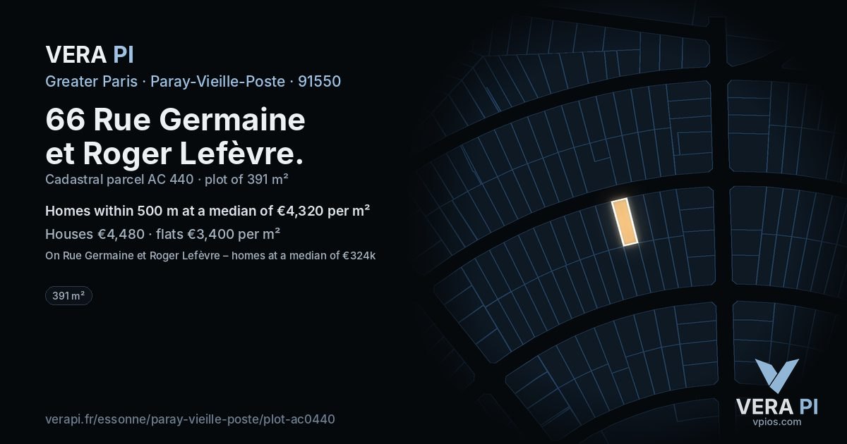 66 Rue Germaine et Roger Lefèvre, Paray-Vieille-Poste at night – the plot lit, the parcels around coloured by the prices near them