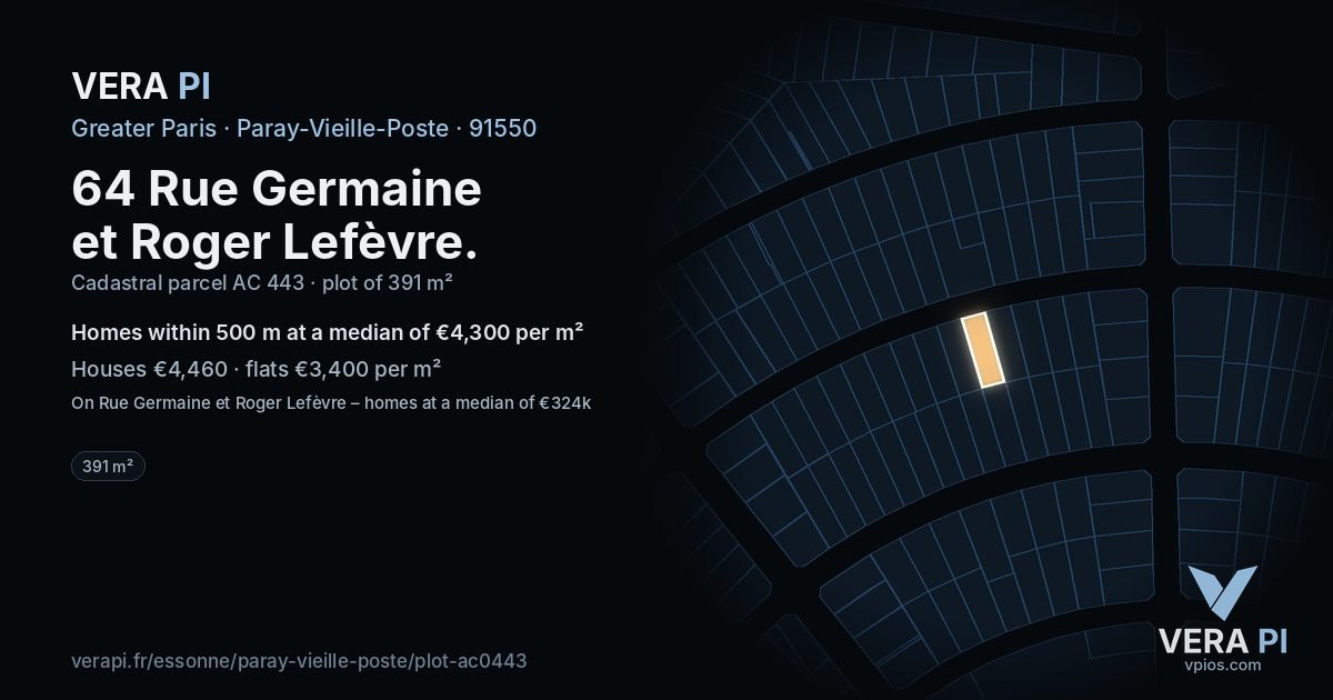 64 Rue Germaine et Roger Lefèvre, Paray-Vieille-Poste at night – the plot lit, the parcels around coloured by the prices near them