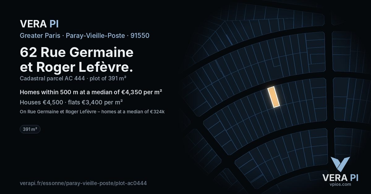 62 Rue Germaine et Roger Lefèvre, Paray-Vieille-Poste at night – the plot lit, the parcels around coloured by the prices near them