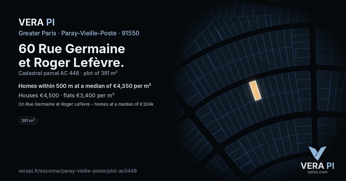 60 Rue Germaine et Roger Lefèvre, Paray-Vieille-Poste at night – the plot lit, the parcels around coloured by the prices near them