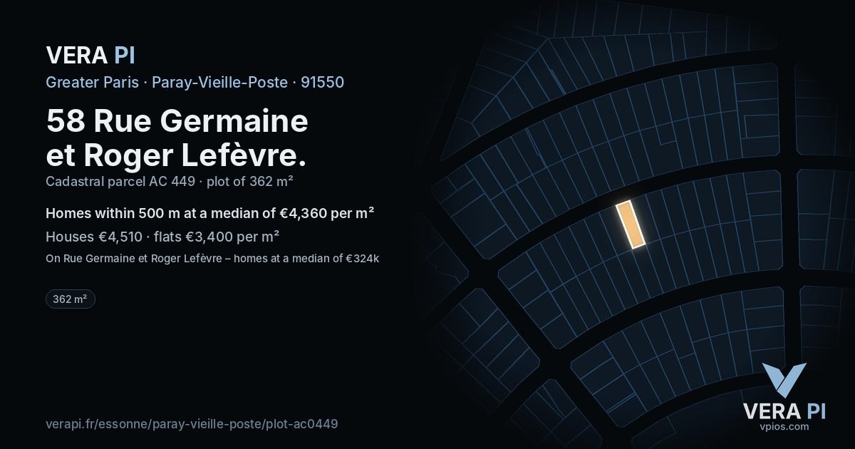 58 Rue Germaine et Roger Lefèvre, Paray-Vieille-Poste at night – the plot lit, the parcels around coloured by the prices near them