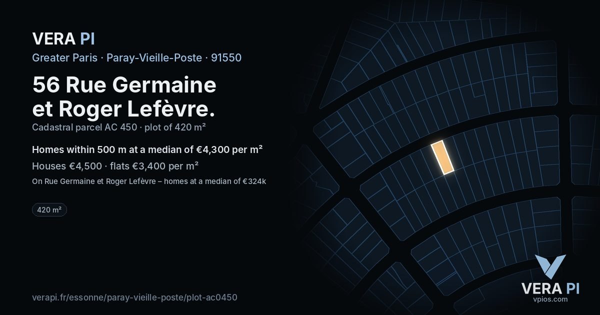 56 Rue Germaine et Roger Lefèvre, Paray-Vieille-Poste at night – the plot lit, the parcels around coloured by the prices near them