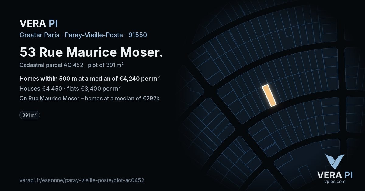 53 Rue Maurice Moser, Paray-Vieille-Poste at night – the plot lit, the parcels around coloured by the prices near them