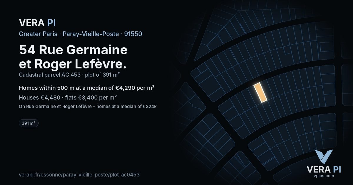 54 Rue Germaine et Roger Lefèvre, Paray-Vieille-Poste at night – the plot lit, the parcels around coloured by the prices near them