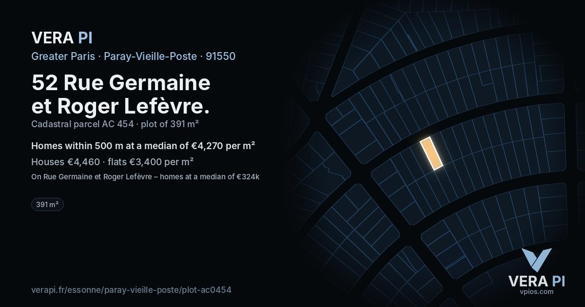 52 Rue Germaine et Roger Lefèvre, Paray-Vieille-Poste at night – the plot lit, the parcels around coloured by the prices near them