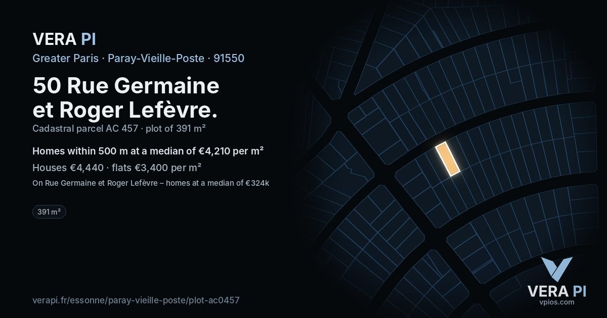 50 Rue Germaine et Roger Lefèvre, Paray-Vieille-Poste at night – the plot lit, the parcels around coloured by the prices near them