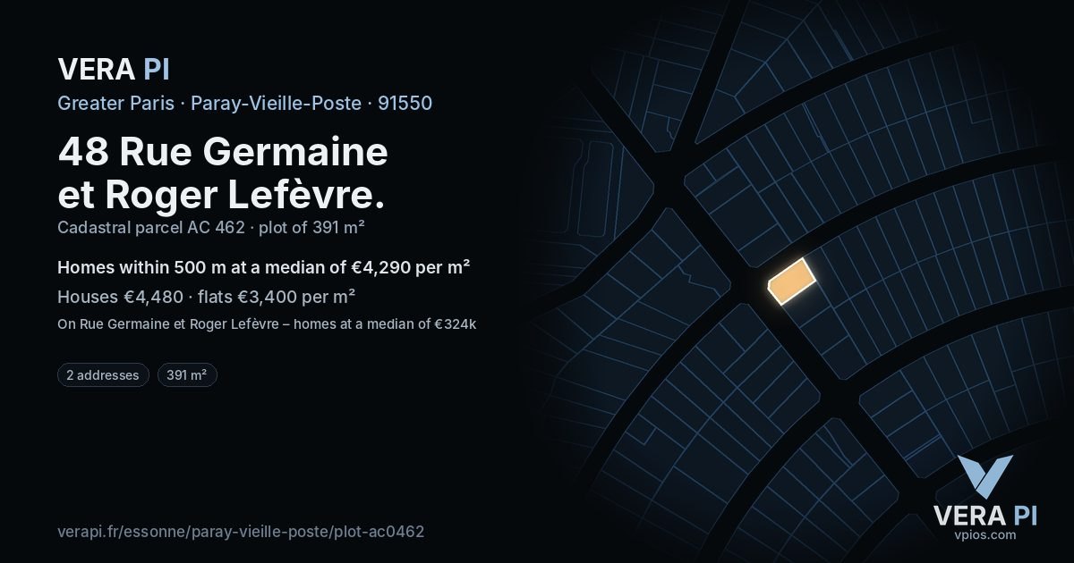 48 Rue Germaine et Roger Lefèvre, Paray-Vieille-Poste at night – the plot lit, the parcels around coloured by the prices near them