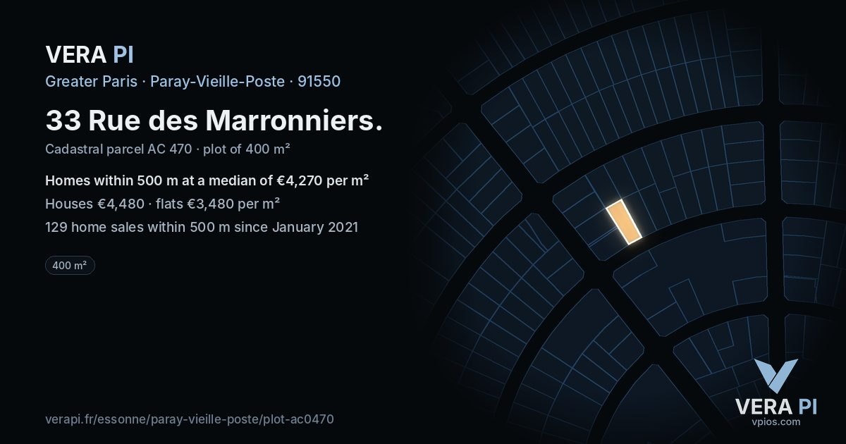 33 Rue des Marronniers, Paray-Vieille-Poste at night – the plot lit, the parcels around coloured by the prices near them