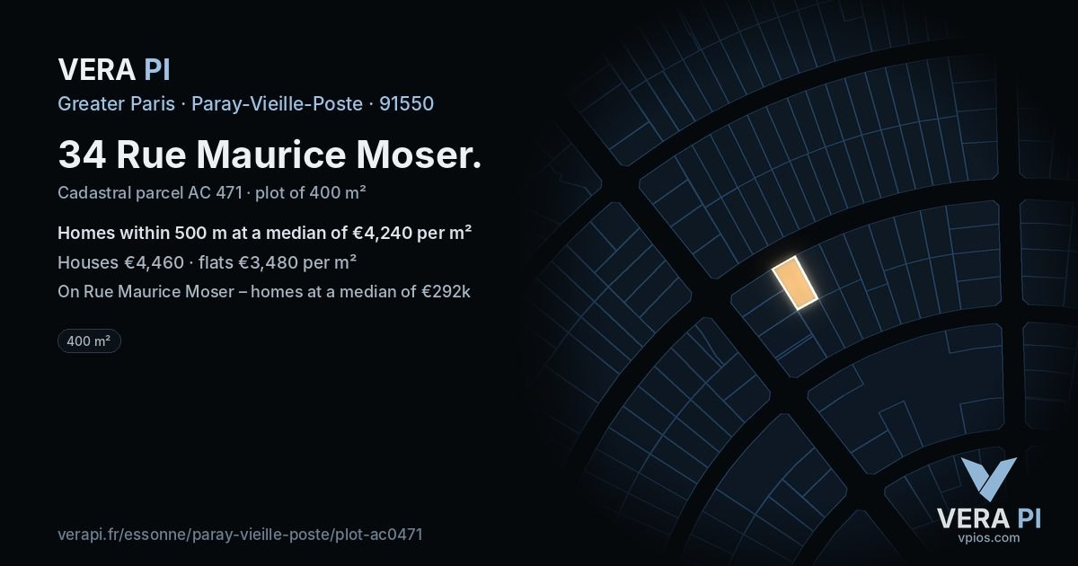 34 Rue Maurice Moser, Paray-Vieille-Poste at night – the plot lit, the parcels around coloured by the prices near them
