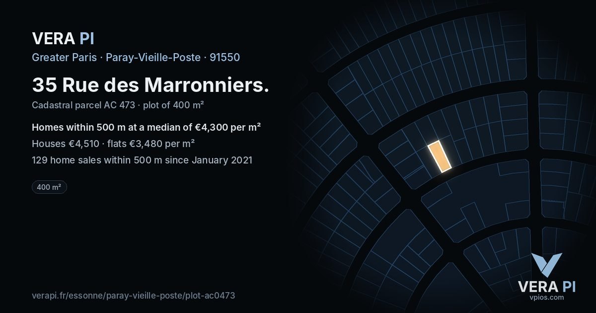 35 Rue des Marronniers, Paray-Vieille-Poste at night – the plot lit, the parcels around coloured by the prices near them