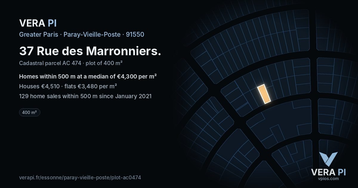 37 Rue des Marronniers, Paray-Vieille-Poste at night – the plot lit, the parcels around coloured by the prices near them