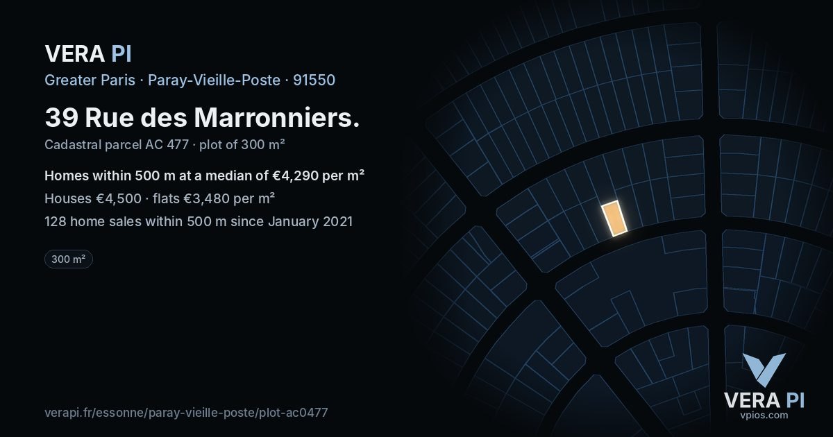 39 Rue des Marronniers, Paray-Vieille-Poste at night – the plot lit, the parcels around coloured by the prices near them