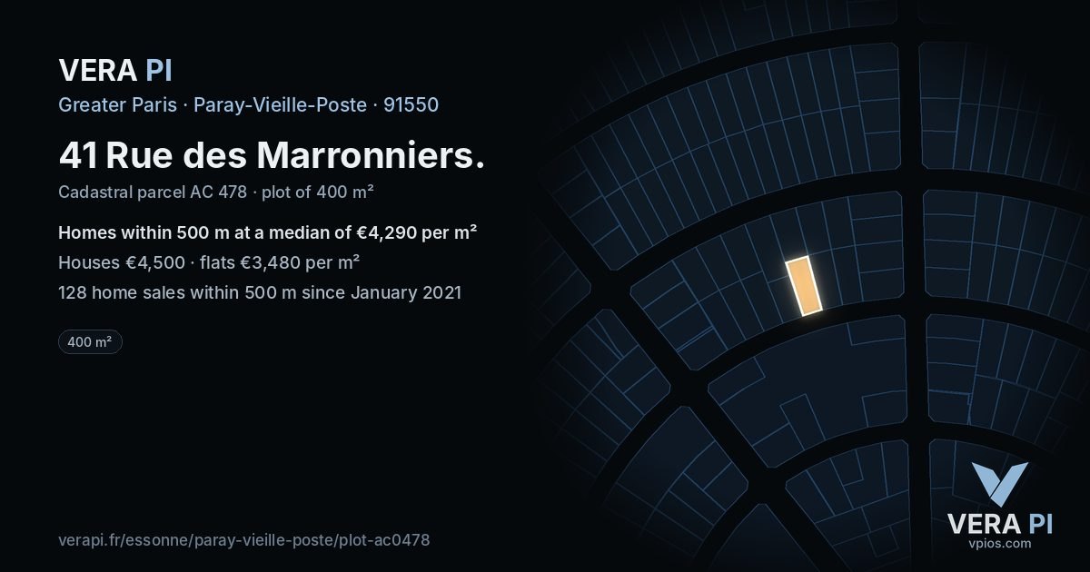 41 Rue des Marronniers, Paray-Vieille-Poste at night – the plot lit, the parcels around coloured by the prices near them