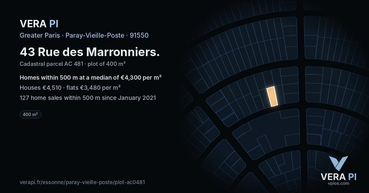 43 Rue des Marronniers, Paray-Vieille-Poste at night – the plot lit, the parcels around coloured by the prices near them