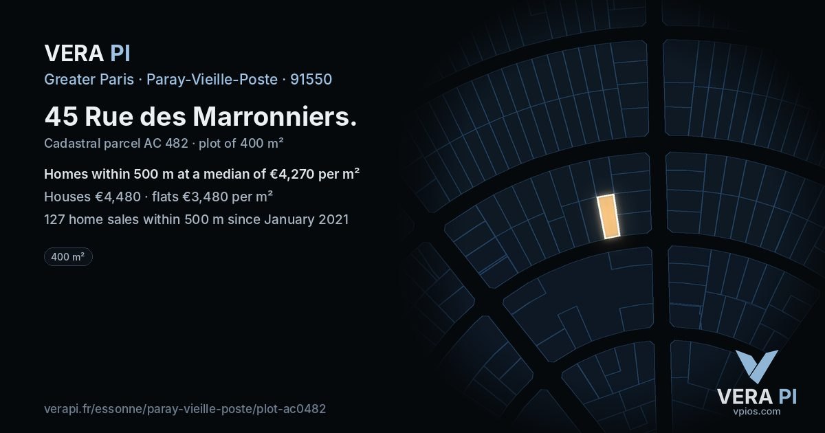 45 Rue des Marronniers, Paray-Vieille-Poste at night – the plot lit, the parcels around coloured by the prices near them