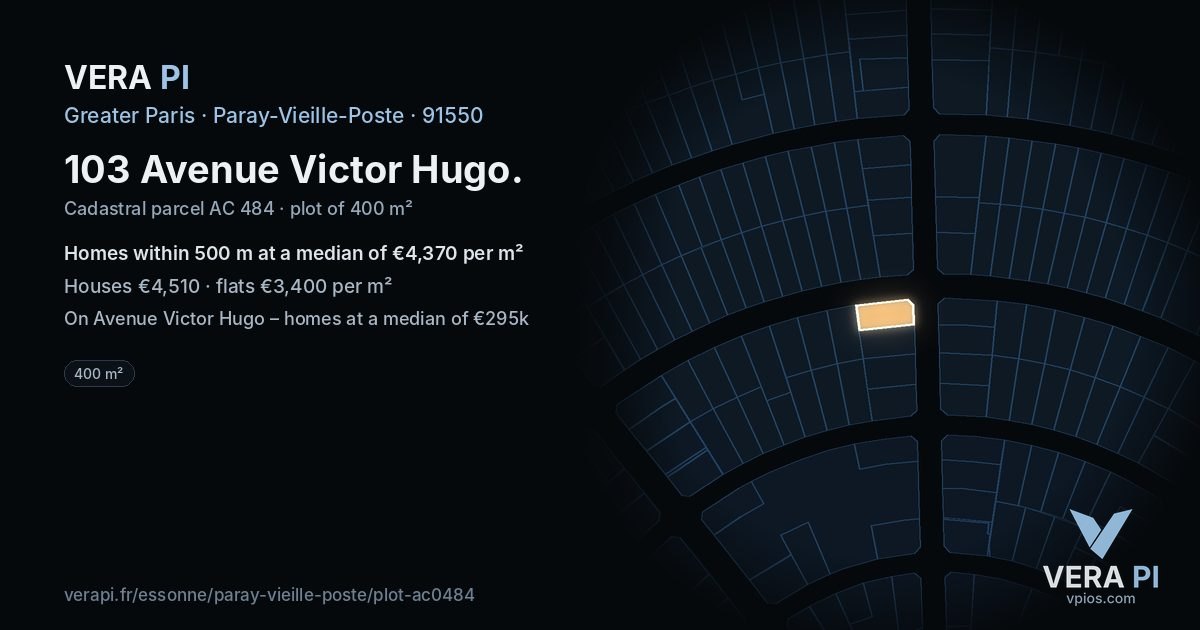 103 Avenue Victor Hugo, Paray-Vieille-Poste at night – the plot lit, the parcels around coloured by the prices near them