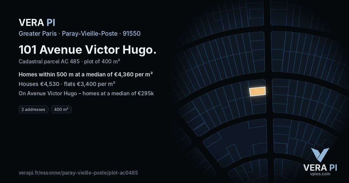 101 Avenue Victor Hugo, Paray-Vieille-Poste at night – the plot lit, the parcels around coloured by the prices near them