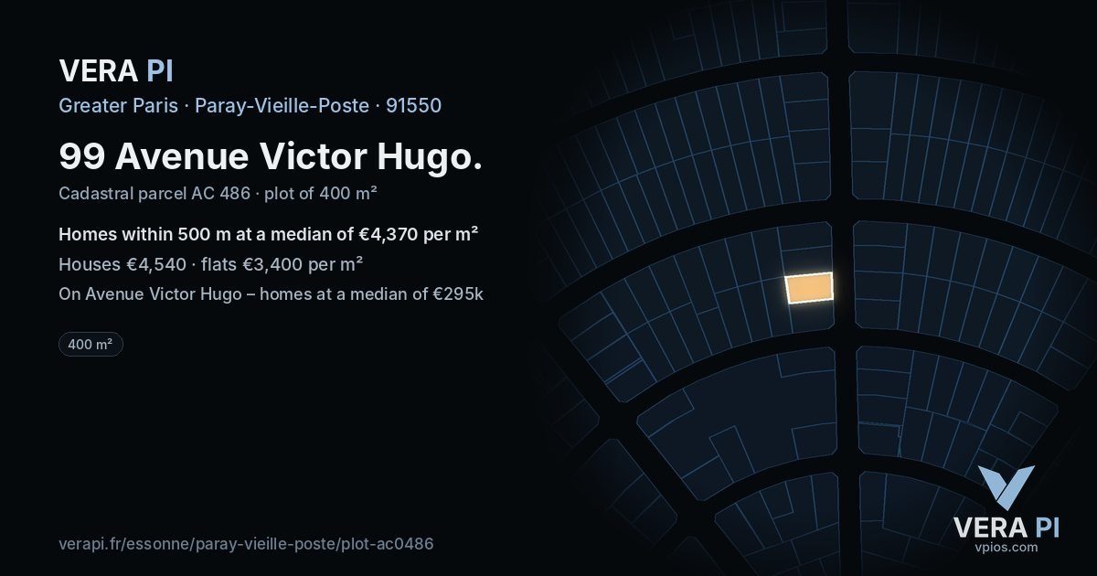 99 Avenue Victor Hugo, Paray-Vieille-Poste at night – the plot lit, the parcels around coloured by the prices near them