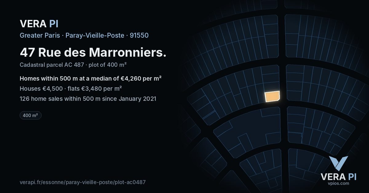 47 Rue des Marronniers, Paray-Vieille-Poste at night – the plot lit, the parcels around coloured by the prices near them