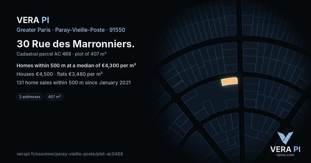 30 Rue des Marronniers, Paray-Vieille-Poste at night – the plot lit, the parcels around coloured by the prices near them