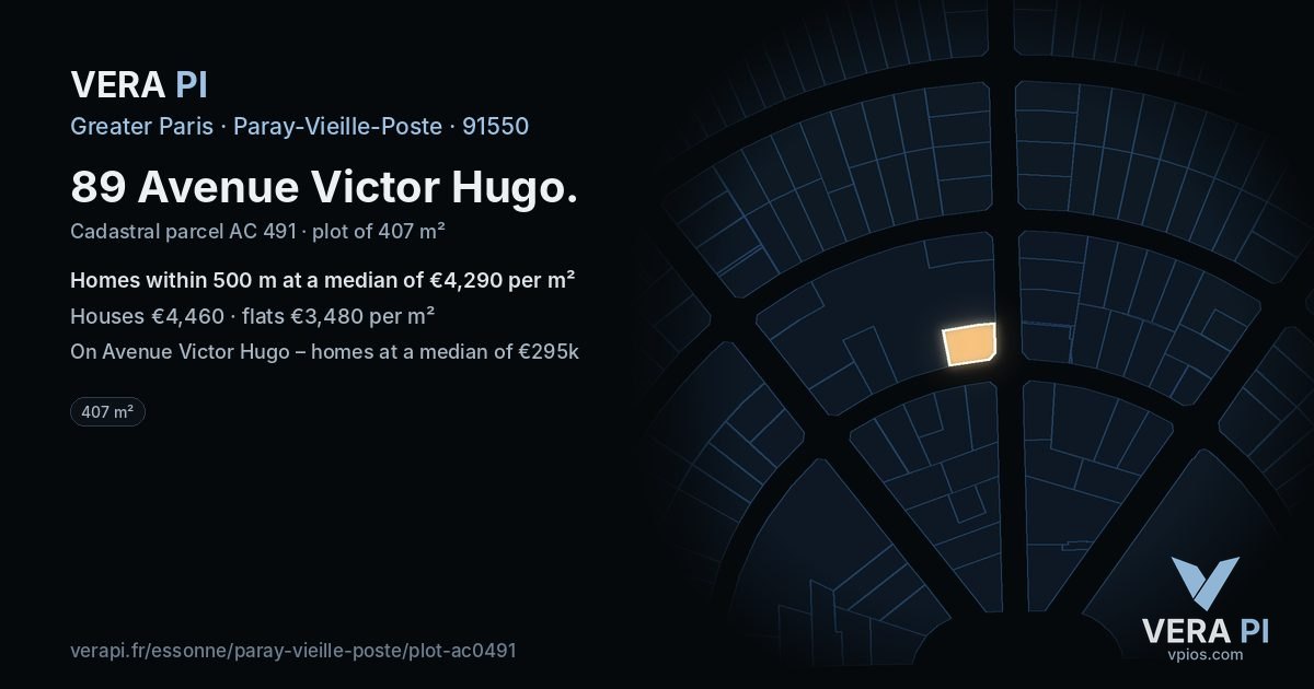 89 Avenue Victor Hugo, Paray-Vieille-Poste at night – the plot lit, the parcels around coloured by the prices near them