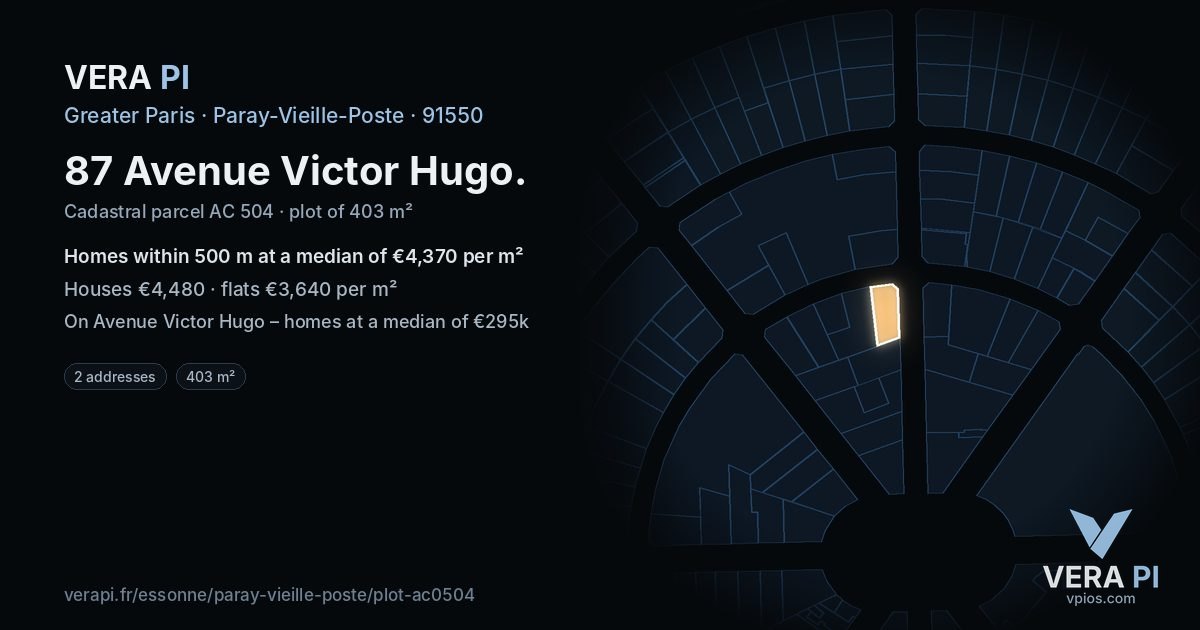 87 Avenue Victor Hugo, Paray-Vieille-Poste at night – the plot lit, the parcels around coloured by the prices near them