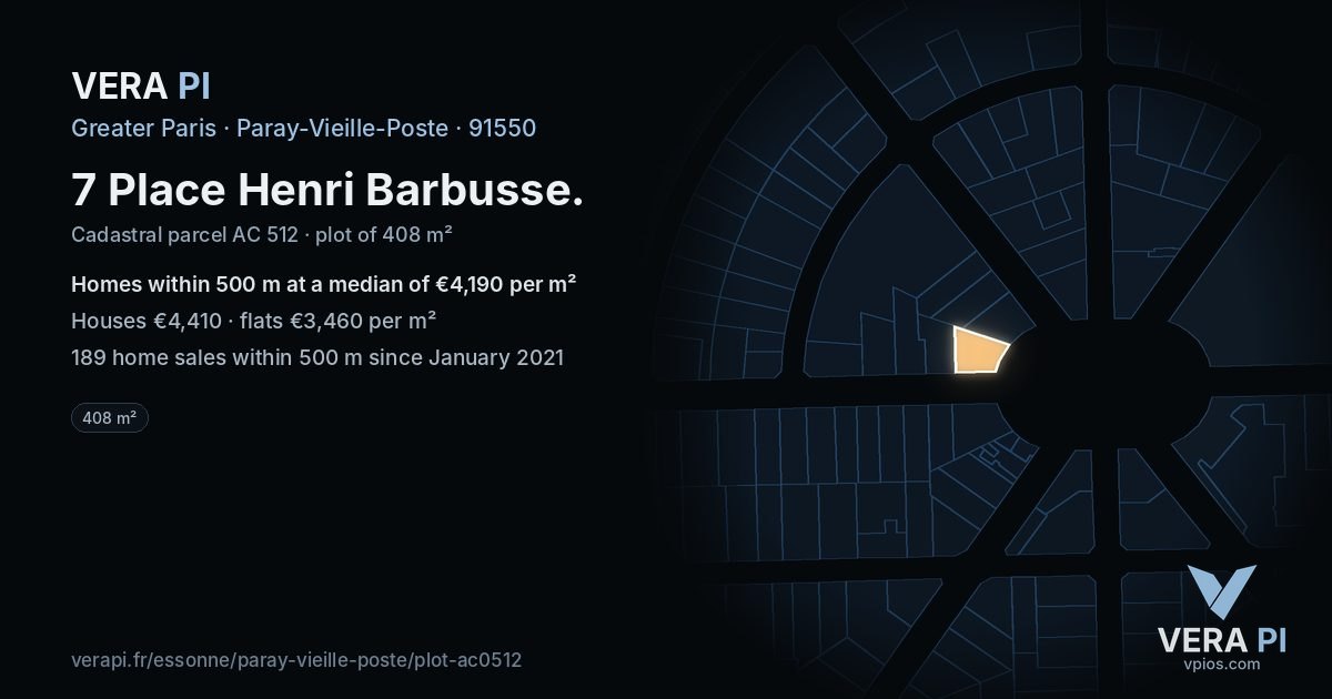 7 Place Henri Barbusse, Paray-Vieille-Poste at night – the plot lit, the parcels around coloured by the prices near them
