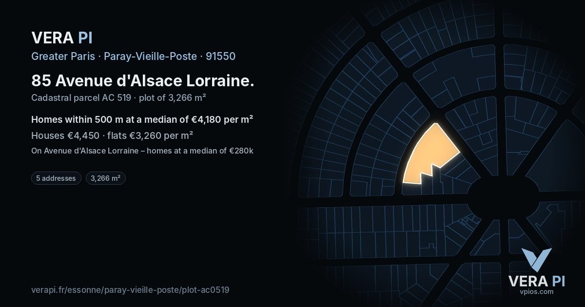 85 Avenue d'Alsace Lorraine, Paray-Vieille-Poste at night – the plot lit, the parcels around coloured by the prices near them