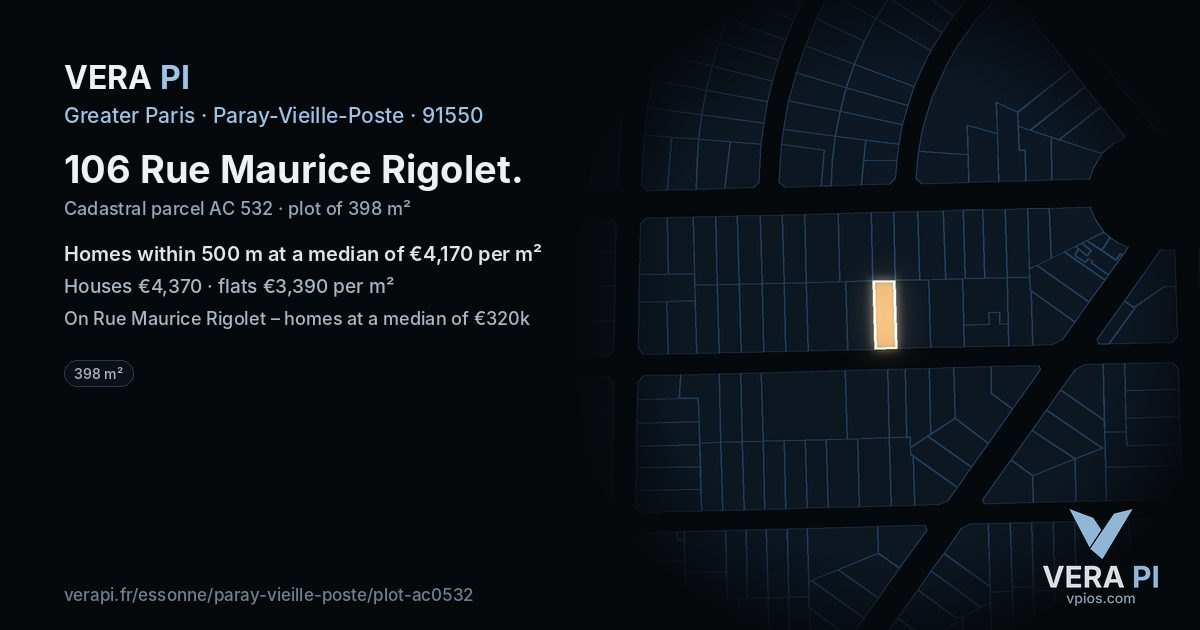 106 Rue Maurice Rigolet, Paray-Vieille-Poste at night – the plot lit, the parcels around coloured by the prices near them