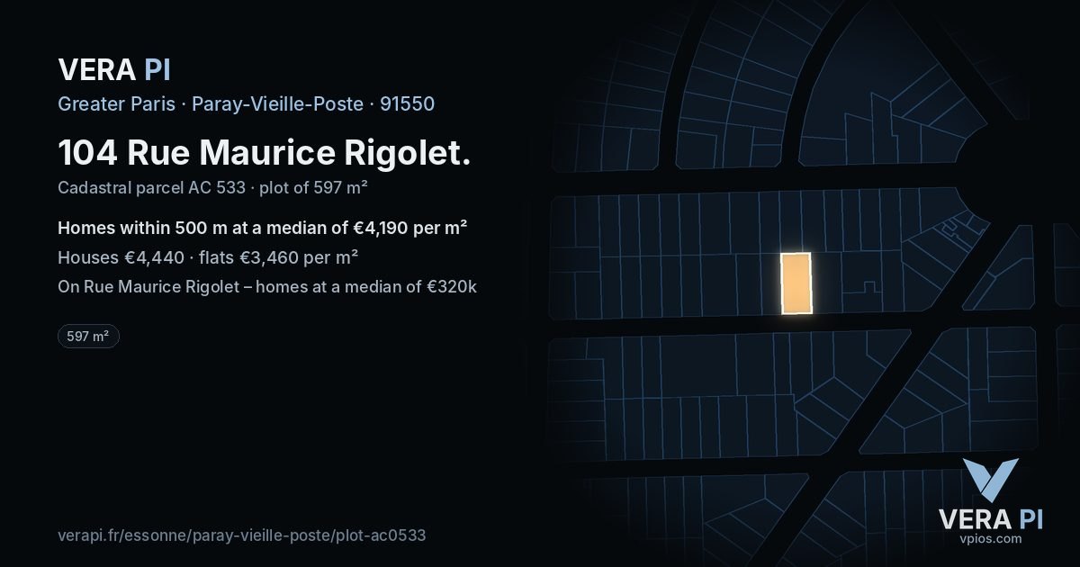 104 Rue Maurice Rigolet, Paray-Vieille-Poste at night – the plot lit, the parcels around coloured by the prices near them