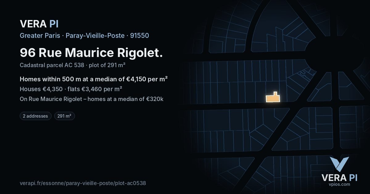 96 Rue Maurice Rigolet, Paray-Vieille-Poste at night – the plot lit, the parcels around coloured by the prices near them