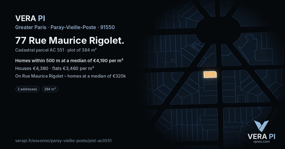 77 Rue Maurice Rigolet, Paray-Vieille-Poste at night – the plot lit, the parcels around coloured by the prices near them