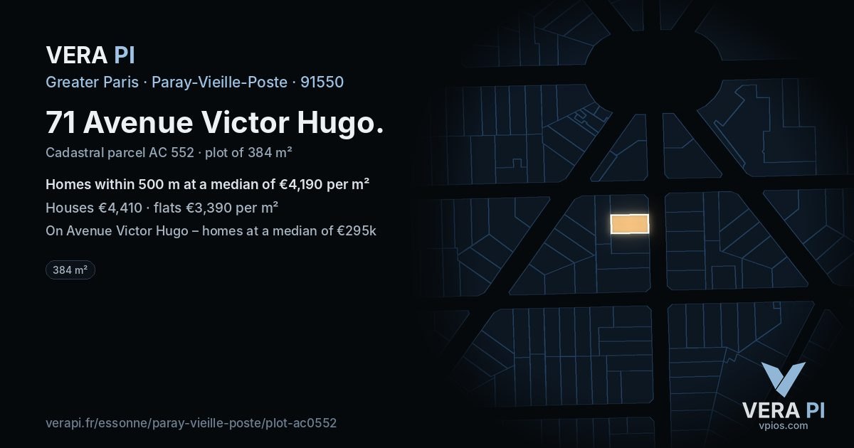 71 Avenue Victor Hugo, Paray-Vieille-Poste at night – the plot lit, the parcels around coloured by the prices near them