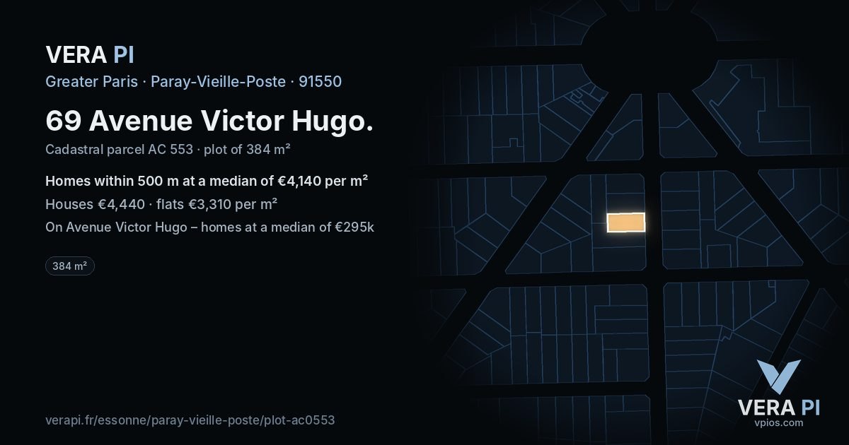 69 Avenue Victor Hugo, Paray-Vieille-Poste at night – the plot lit, the parcels around coloured by the prices near them