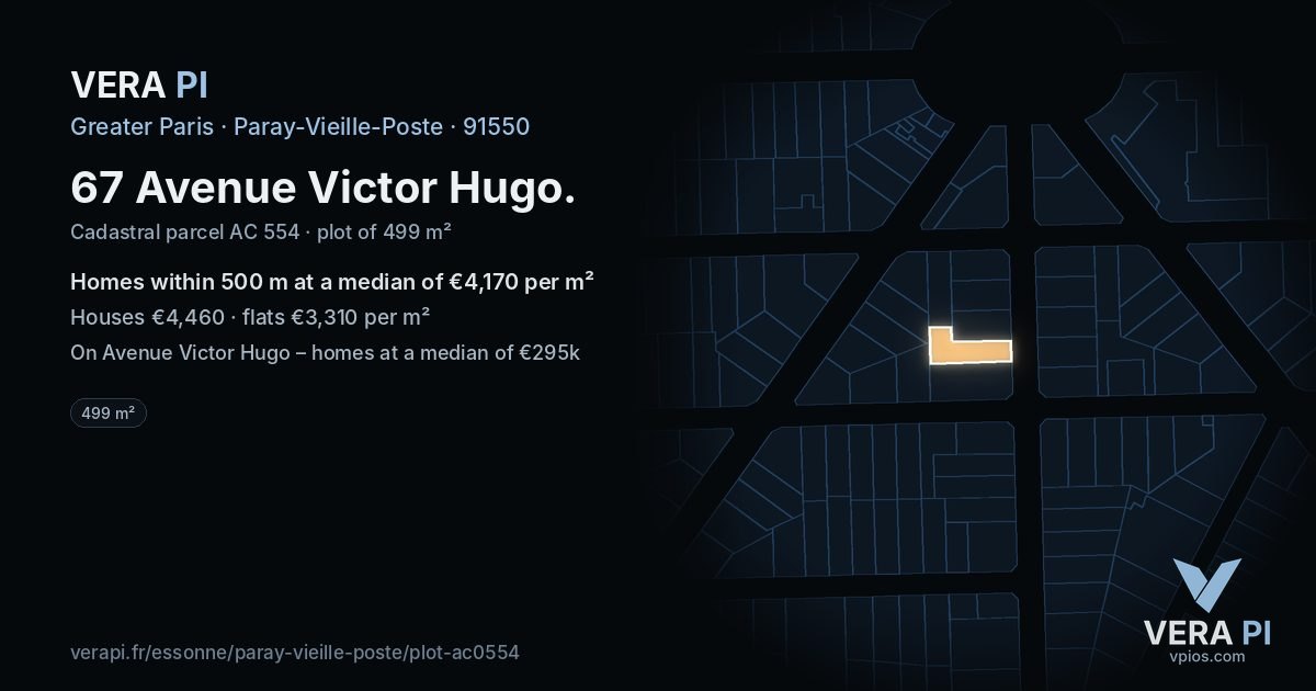 67 Avenue Victor Hugo, Paray-Vieille-Poste at night – the plot lit, the parcels around coloured by the prices near them