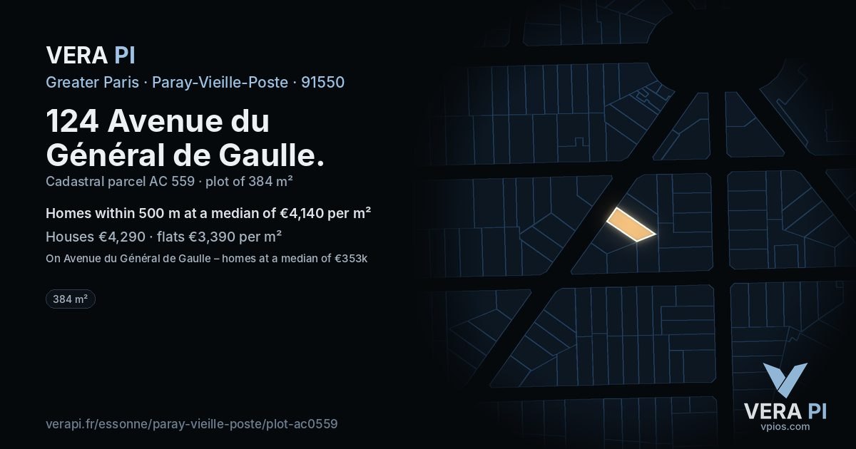 124 Avenue du Général de Gaulle, Paray-Vieille-Poste at night – the plot lit, the parcels around coloured by the prices near them