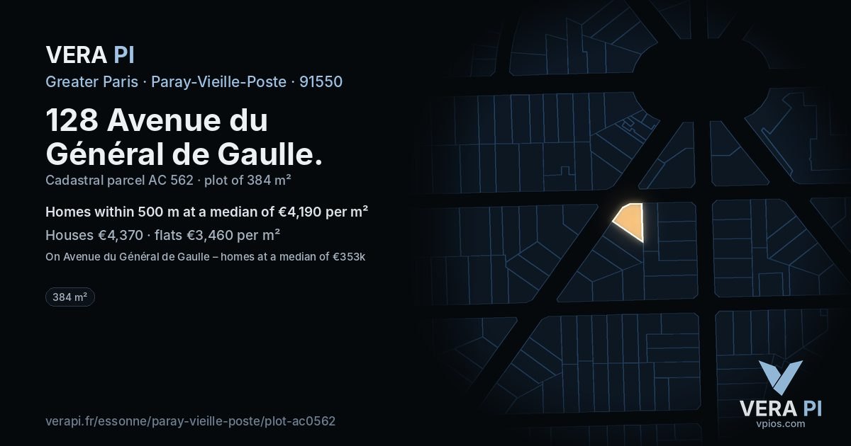 128 Avenue du Général de Gaulle, Paray-Vieille-Poste at night – the plot lit, the parcels around coloured by the prices near them