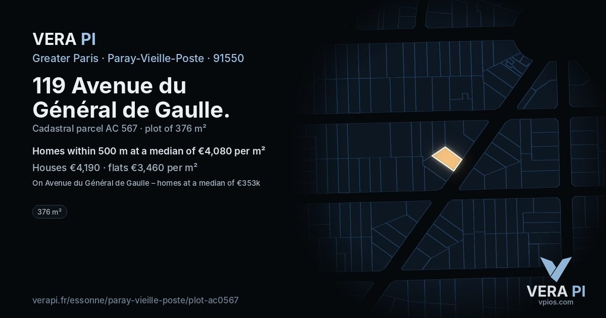 119 Avenue du Général de Gaulle, Paray-Vieille-Poste at night – the plot lit, the parcels around coloured by the prices near them