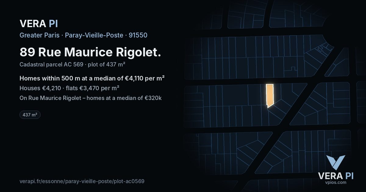89 Rue Maurice Rigolet, Paray-Vieille-Poste at night – the plot lit, the parcels around coloured by the prices near them