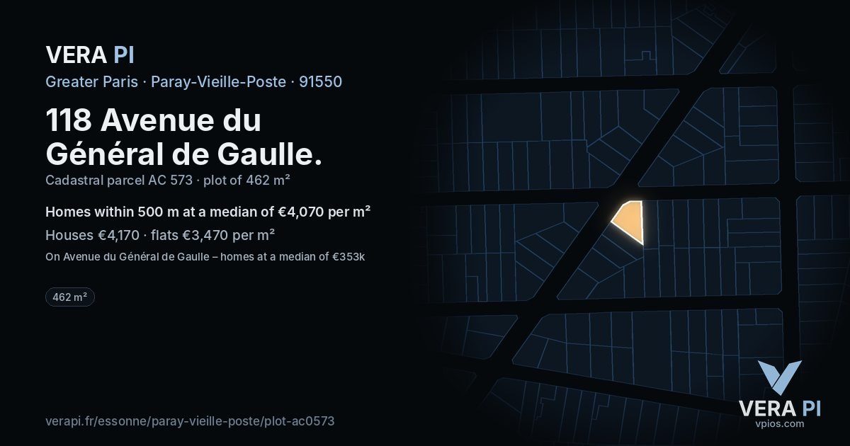 118 Avenue du Général de Gaulle, Paray-Vieille-Poste at night – the plot lit, the parcels around coloured by the prices near them