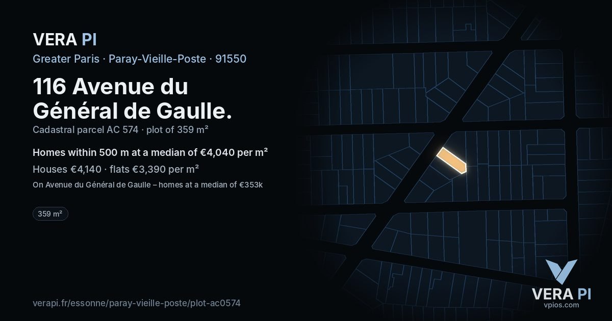 116 Avenue du Général de Gaulle, Paray-Vieille-Poste at night – the plot lit, the parcels around coloured by the prices near them