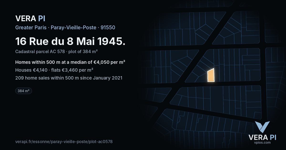 16 Rue du 8 Mai 1945, Paray-Vieille-Poste at night – the plot lit, the parcels around coloured by the prices near them