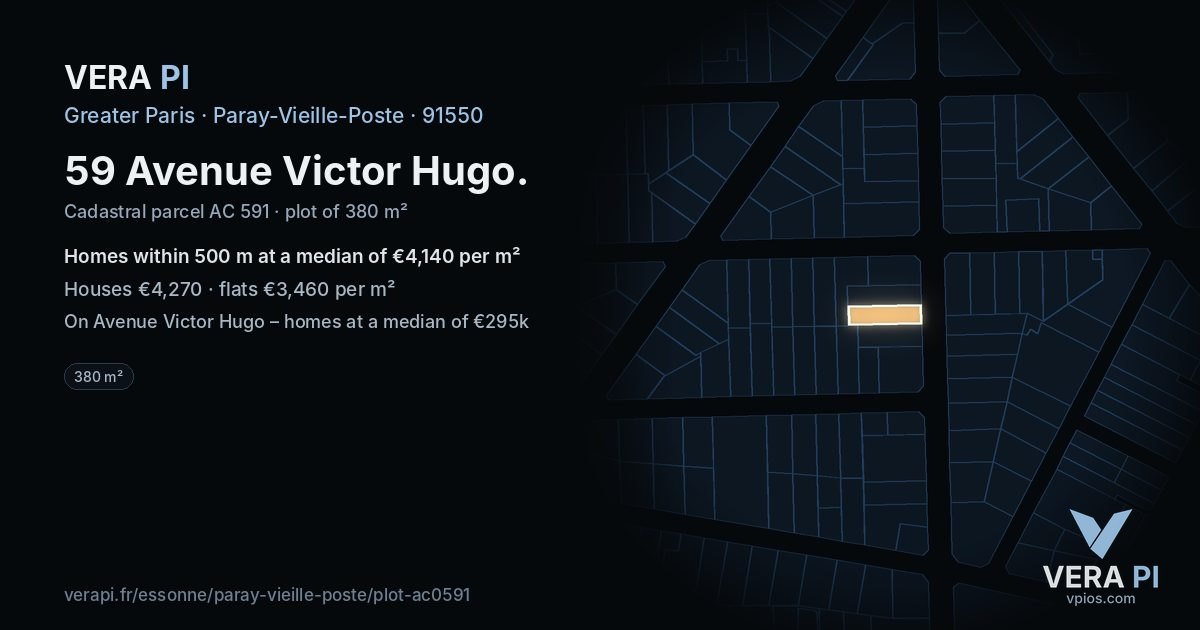 59 Avenue Victor Hugo, Paray-Vieille-Poste at night – the plot lit, the parcels around coloured by the prices near them